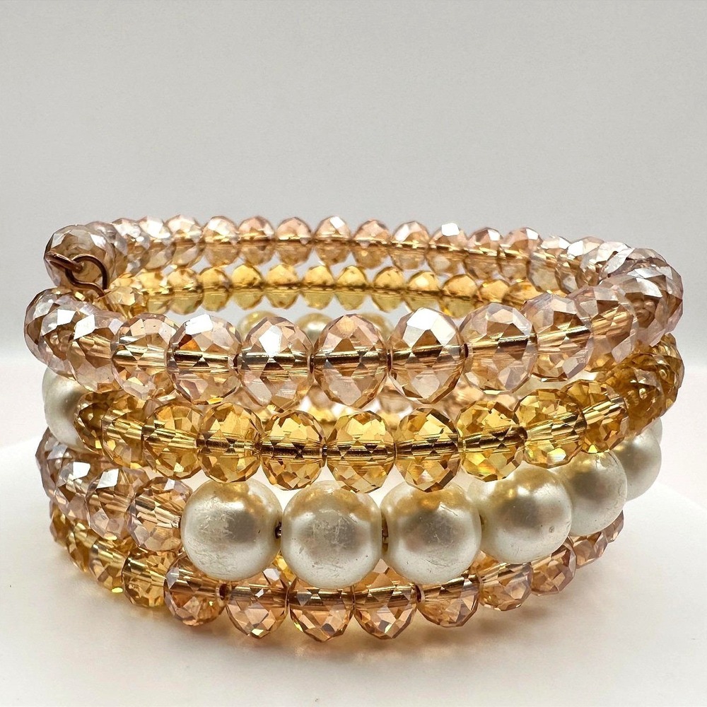 Vintage Gold Tone Crystal‎ Bead Wrap Bracelet Faux Pearl Coil Memory Wire Boho